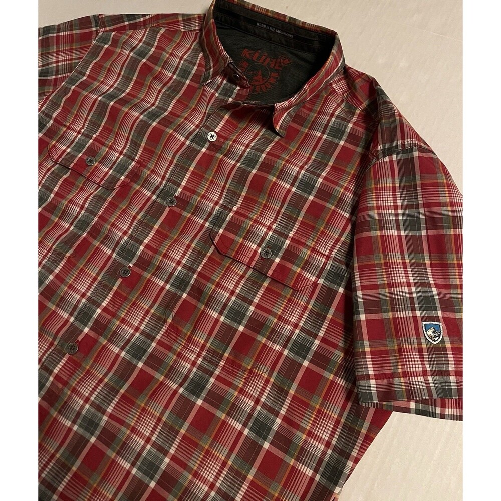 KUHL Short Sleeve Plaid Button Down Red Shirt LARGE Hiking Outdoors Trail